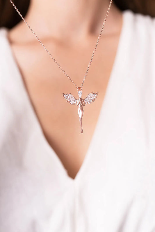 Baget Taşlı Melek Kolye 925 Ayar Gümüş Rose