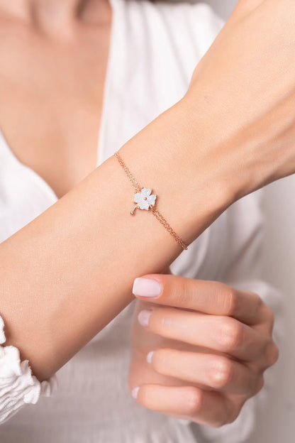 Buz Mavisi Yonca Bileklik Rose 925 Ayar Gümüş
