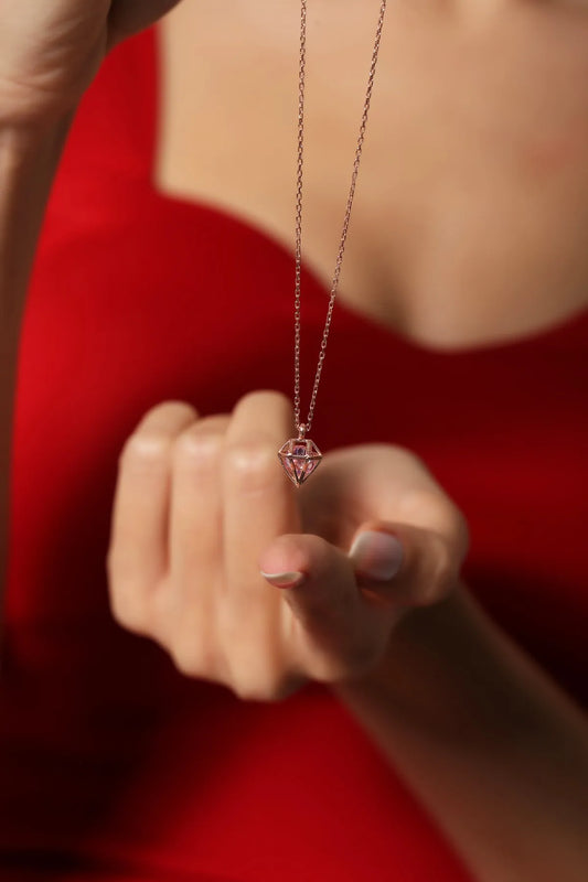Elmas Modeli Kolye 925 Ayar Gümüş Rose