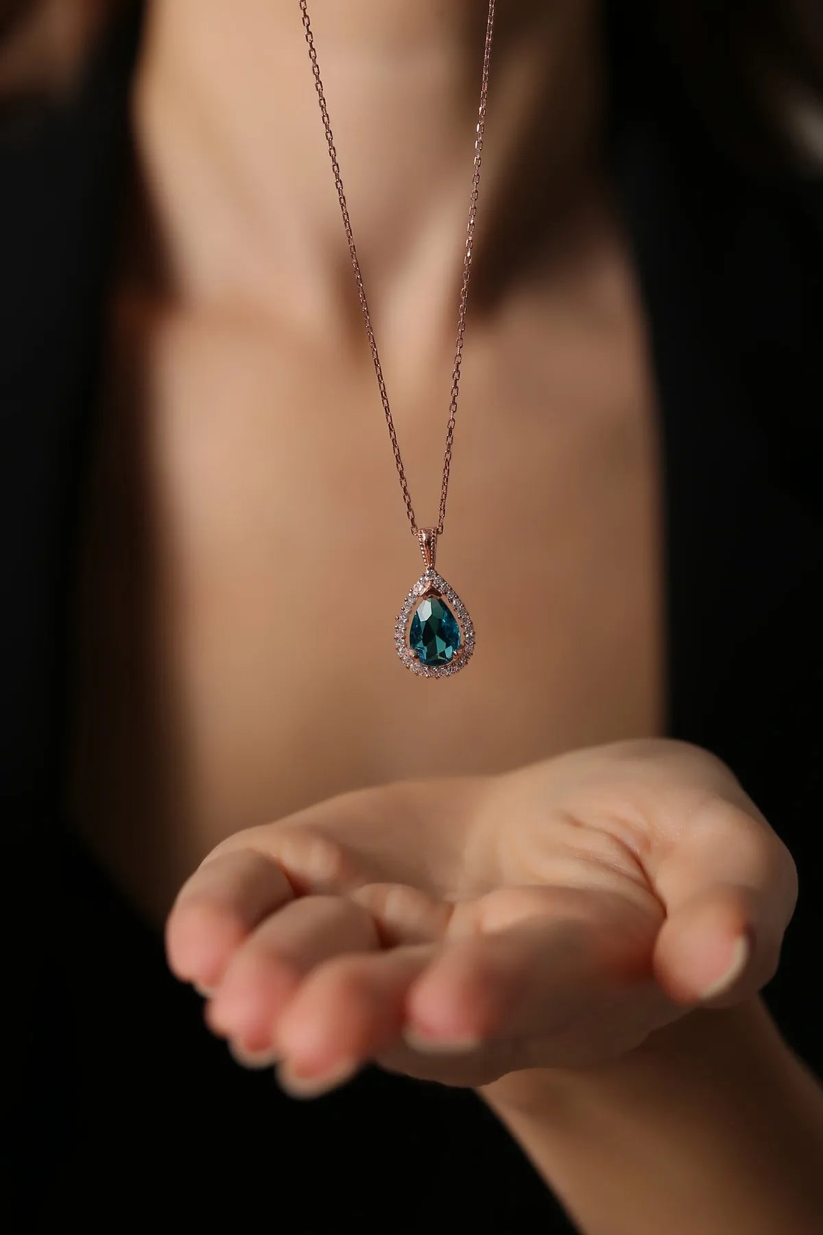 Gümüş Rose Aqua Marin Taşlı Damla Kolye - 925 Ayar