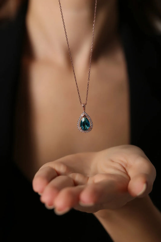 Gümüş Rose Aqua Marin Taşlı Damla Kolye - 925 Ayar