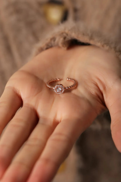 Yuvarlak Tek Taş Motifli Yüzük 925 Ayar Gümüş Rose