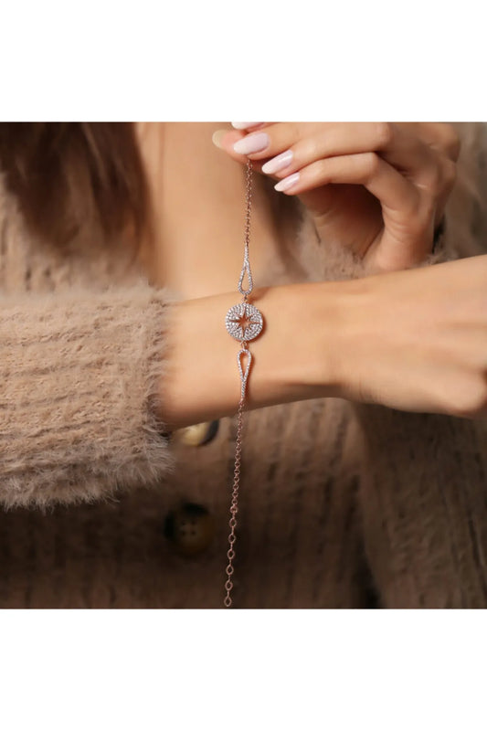 Kuzey Yıldızı Motifli Bileklik 925 Ayar Gümüş Rose