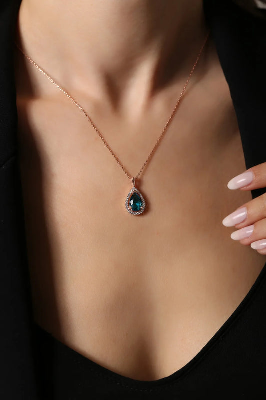 Gümüş Rose Aqua Marin Taşlı Damla Kolye - 925 Ayar