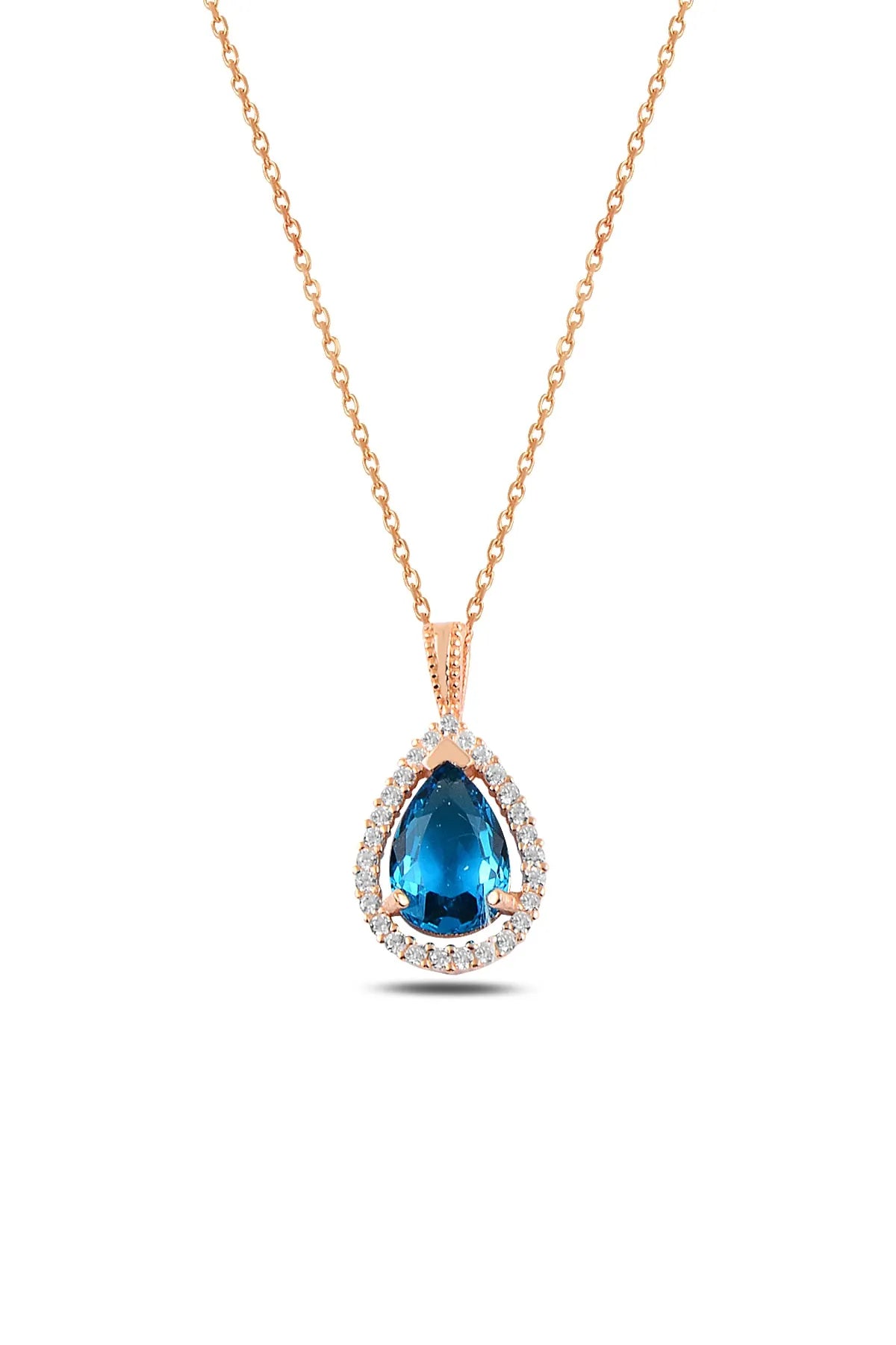 Gümüş Rose Aqua Marin Taşlı Damla Kolye - 925 Ayar