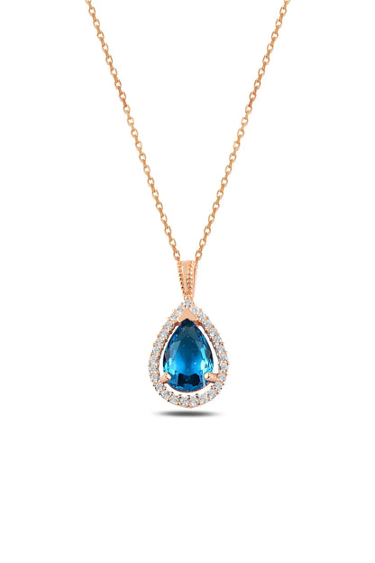 Gümüş Rose Aqua Marin Taşlı Damla Kolye - 925 Ayar